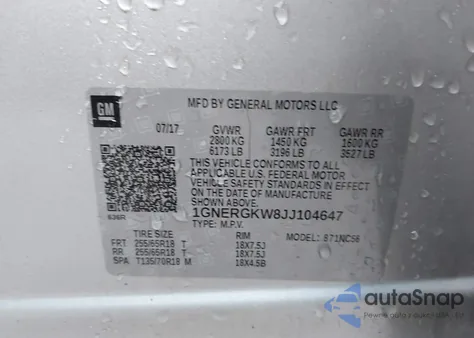 2018 Chevrolet Traverse 1Lt из США, поврежденный, VIN 1GNERGKW8JJ104647